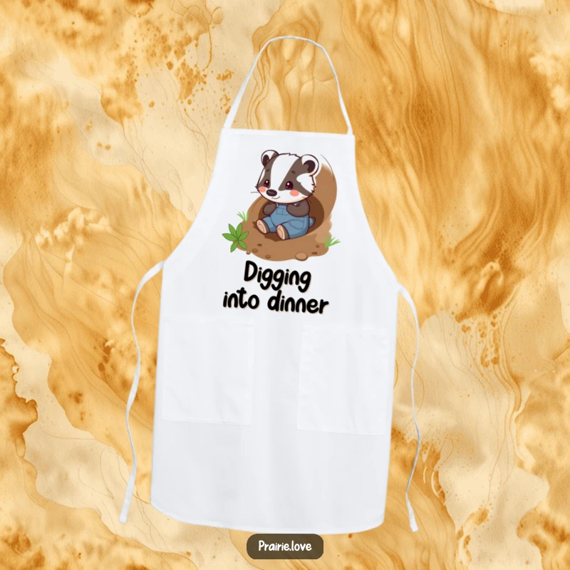 Funny badger gardener apron, a playful badger in overalls happily tunneling through the soil, kitchen and garden wear.