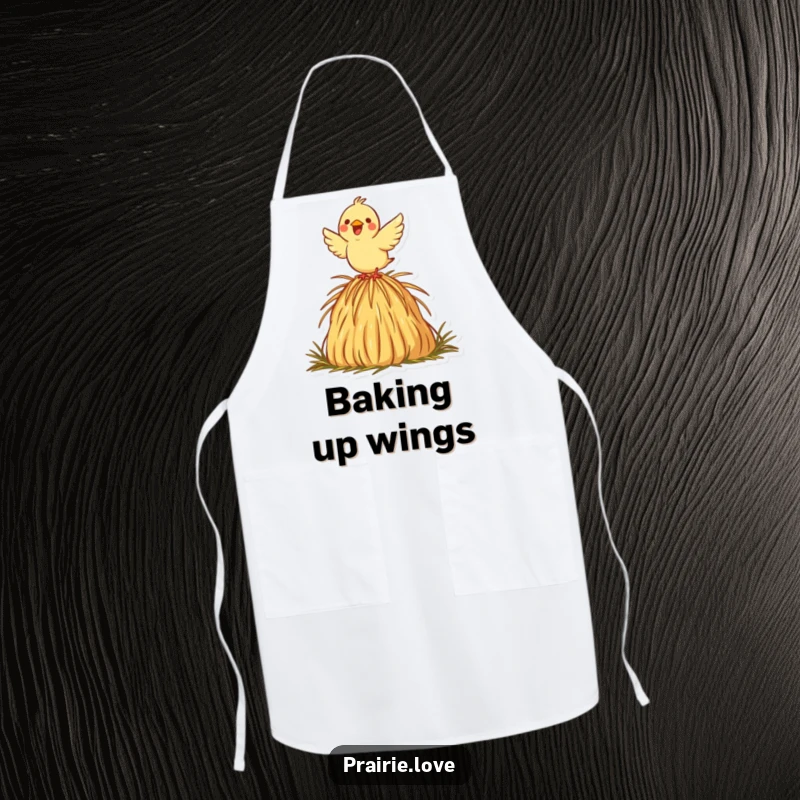 Funny apron featuring a joyful bird taking flight from a decorative haystack icon, perfect for kitchen fun and a humorous touch.