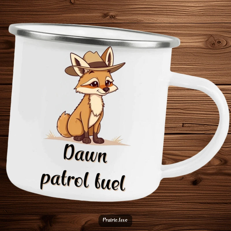 Funny Coyote Camping Mug: A determined coyote in a ranger hat, holding a mug, perfect for enjoying beverages during outdoor watch.