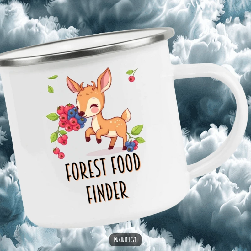 Funny camping mug with a bouncing deer nibbling on illustrated berries, ready for campfire stories.