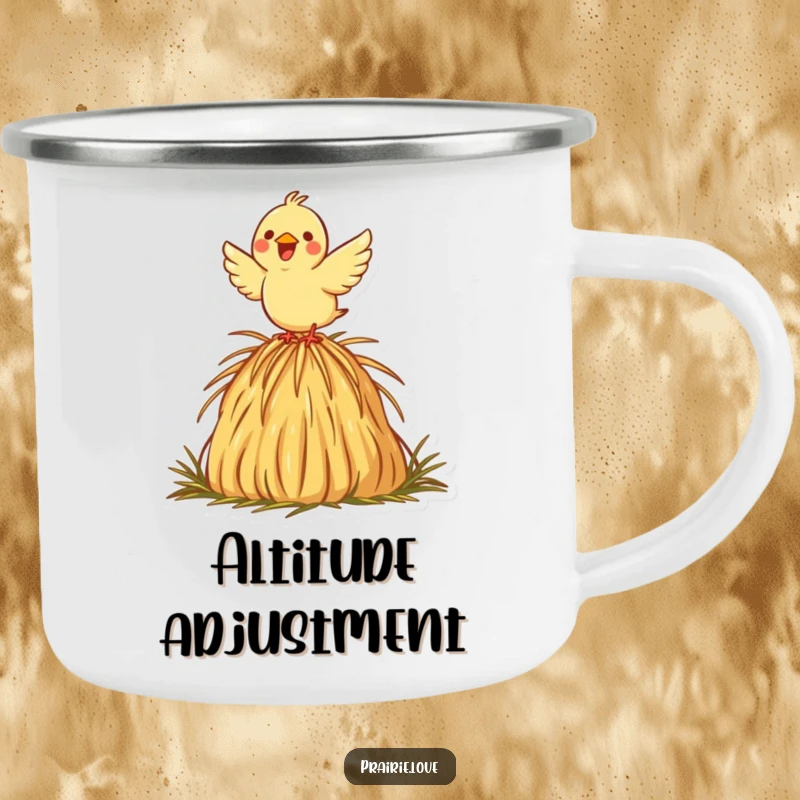 Funny enamel camping mug with a joyful bird taking flight from a decorative haystack icon, ideal for outdoor enthusiasts who enjoy humor.