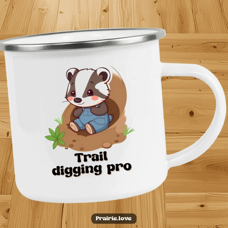 Funny badger gardener camping mug, a playful badger in overalls happily tunneling through the soil, for outdoor adventures.