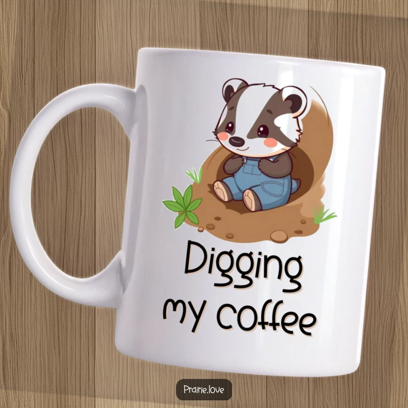 Funny badger gardener mug, a playful badger in overalls happily tunneling through the soil, earth-loving humor.