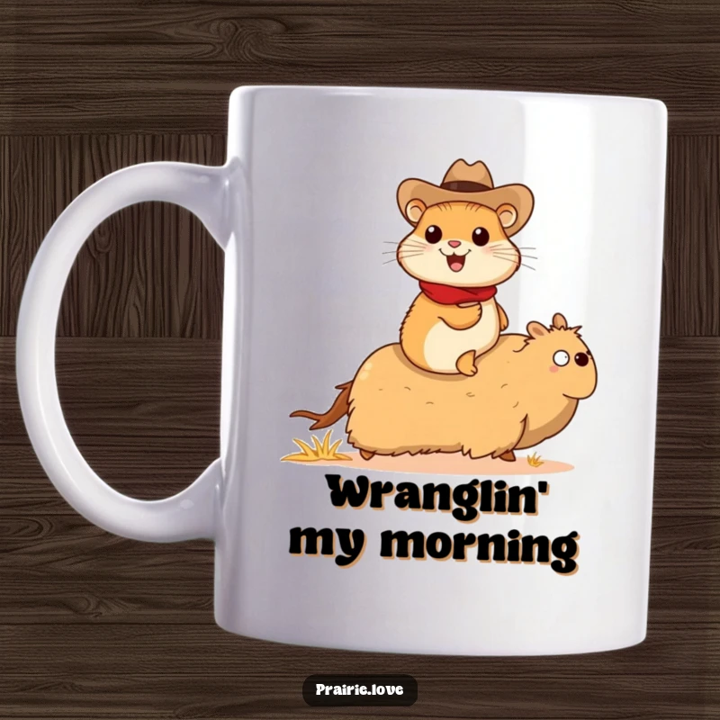Funny prairie dog cowboy mug, a cheerful prairie dog in a tiny cowboy hat riding a galloping tumbleweed, wild west humor.