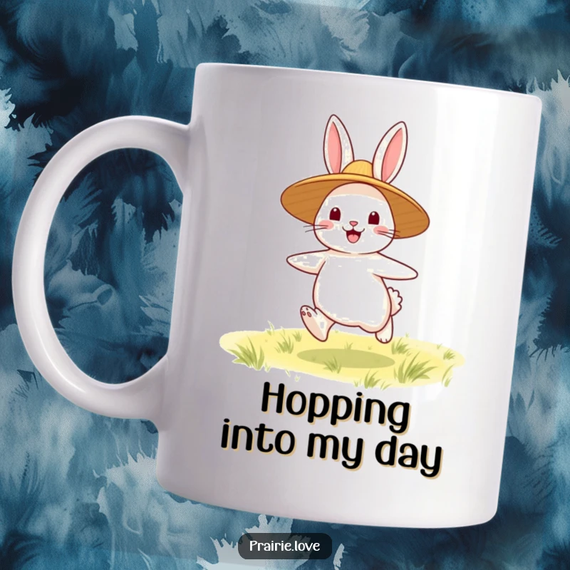 Funny Rabbit Mug: A happy rabbit in a straw hat bouncing joyfully across a green plain, radiating pure delight.