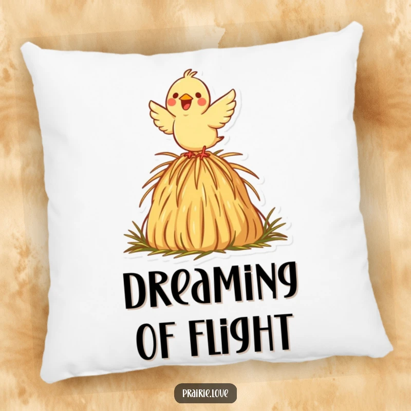 Funny pillow with a joyful bird taking flight from a decorative haystack icon, offering comfort and a touch of cheerful humor.