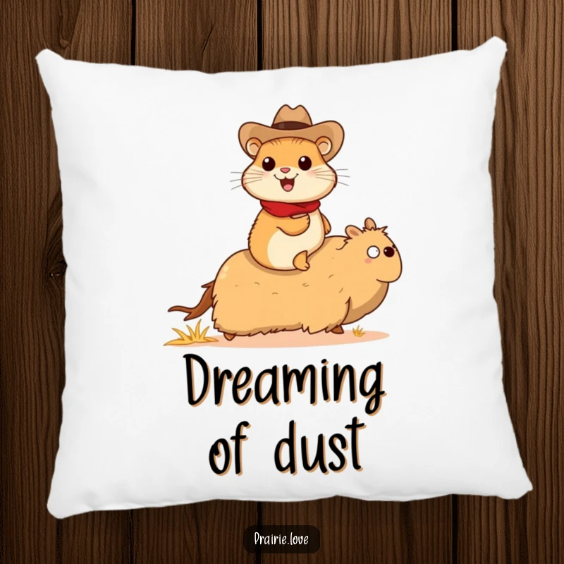 Funny prairie dog cowboy pillow, a cheerful prairie dog in a tiny cowboy hat riding a galloping tumbleweed, soft and humorous.