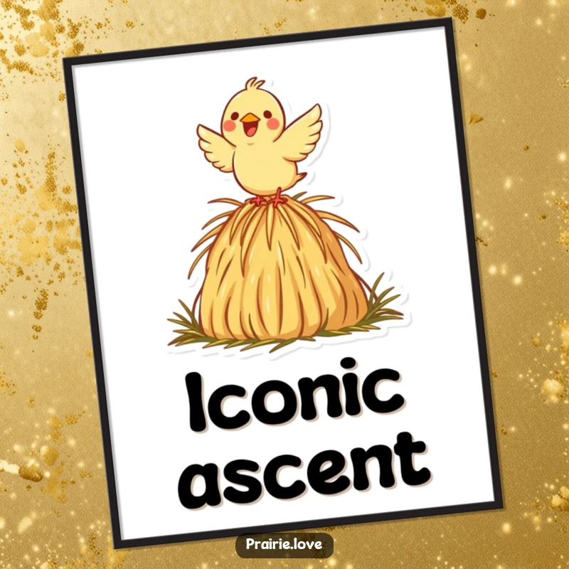 Funny digital art print of a joyful bird taking flight from a decorative haystack icon, adding charm and humor to any display.