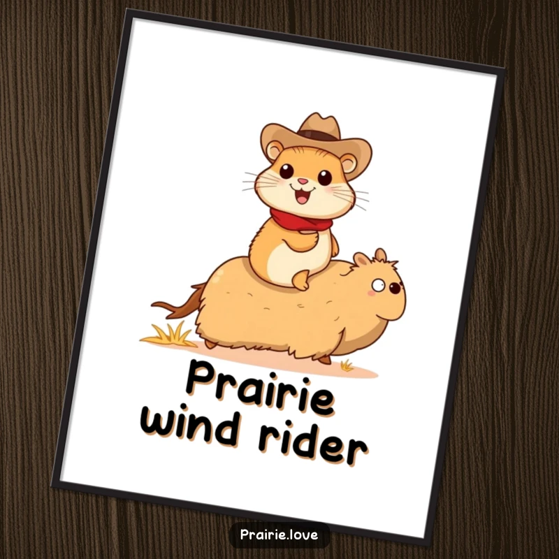 Funny prairie dog cowboy digital art print, a cheerful prairie dog in a tiny cowboy hat riding a galloping tumbleweed, instant download.