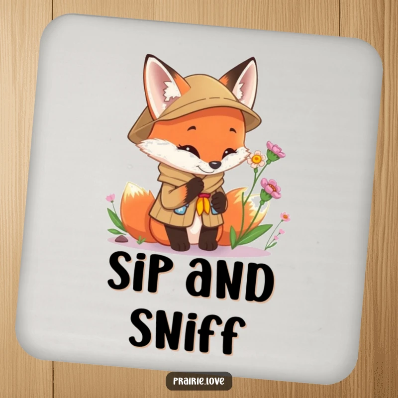 Funny Scout Fox Coaster: A curious fox scout art design protecting a surface, adding humor to any table setting.