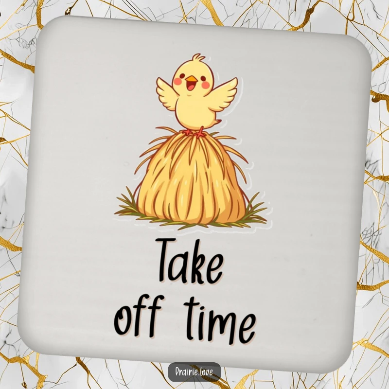 Funny coasters featuring a joyful bird taking flight from a decorative haystack icon, protecting surfaces with charm and humor.