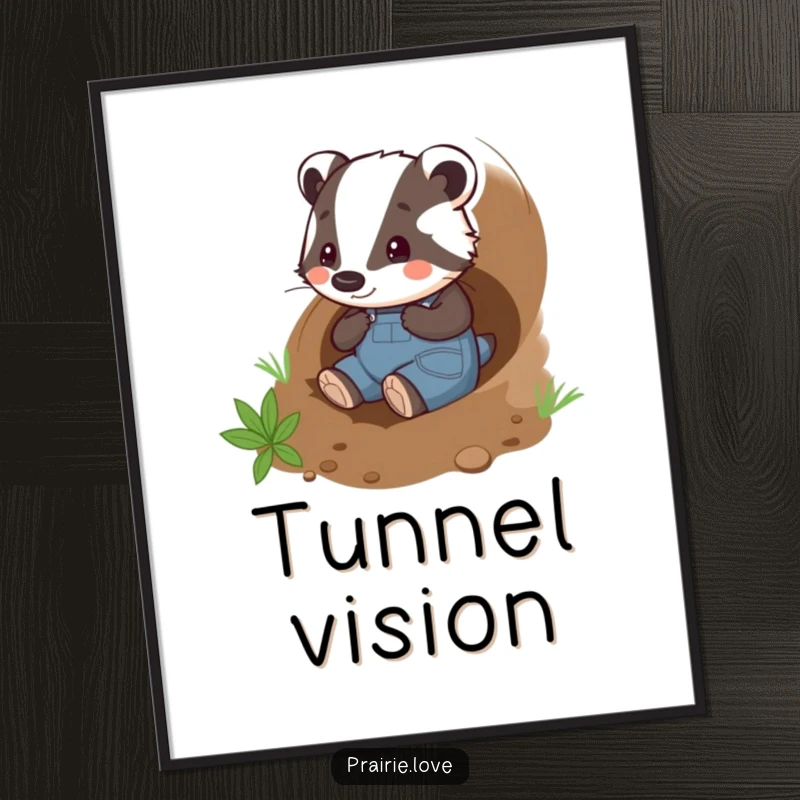 Funny badger gardener poster, a playful badger in overalls happily tunneling through the soil, charming wall art.