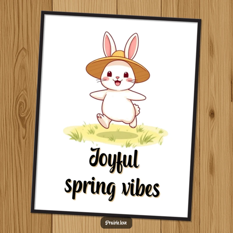 Funny Rabbit Poster: A happy rabbit in a straw hat bouncing across a field, creating a cheerful and whimsical piece of art.
