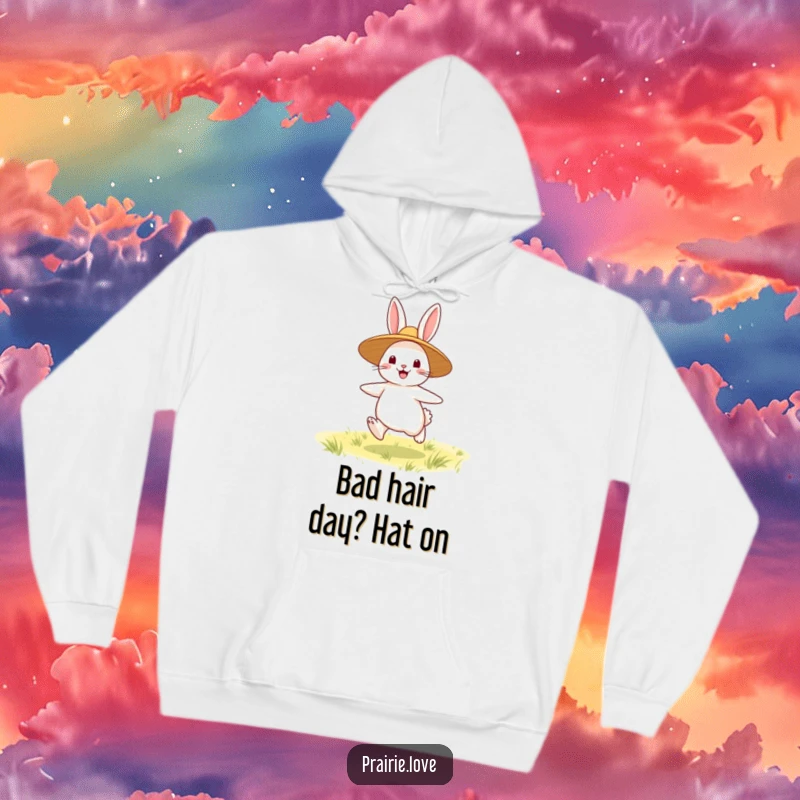 Funny Rabbit Hoodie: A happy rabbit sporting a straw hat, hopping with glee across a green landscape, perfect for cozy vibes.