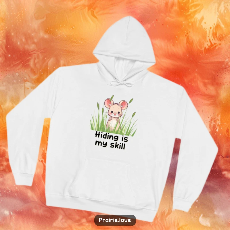 Funny hoodie with a sweet mouse peeking from tall, wispy prairie grass, perfect for anyone who enjoys cute and humorous apparel.
