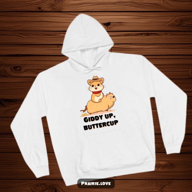 Funny prairie dog cowboy hoodie, a cheerful prairie dog in a tiny cowboy hat riding a galloping tumbleweed, warm and humorous.