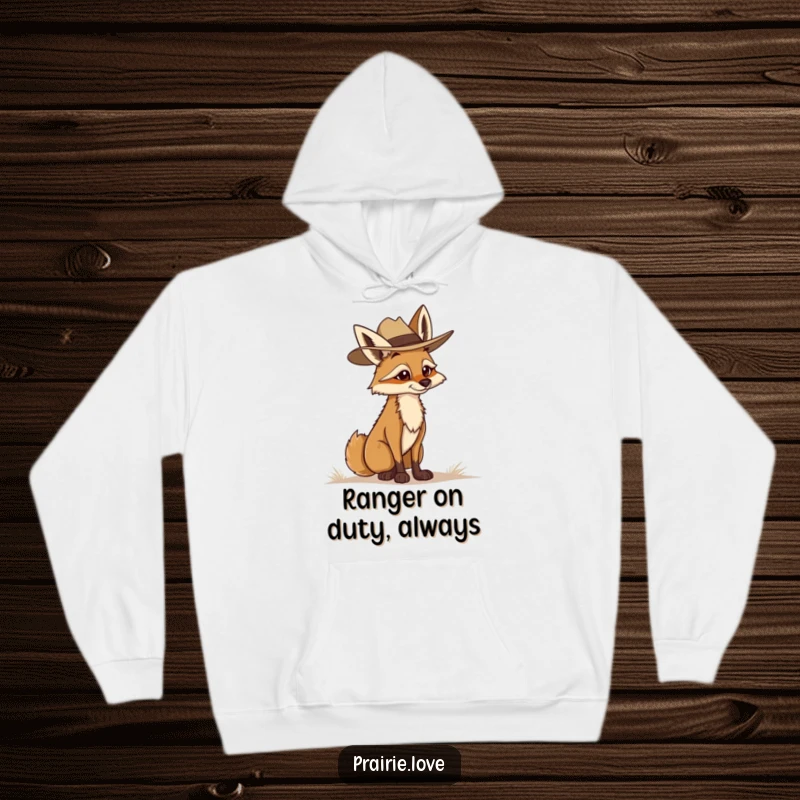Funny Coyote Ranger Hoodie: A determined coyote in a ranger hat looking out, embodying protection and vigilance for cozy wear.
