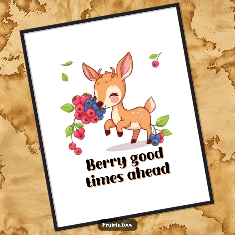 Funny Free Printable Wall Art: A cheerful deer playfully bounces while happily nibbling on a cluster of colorful, illustrated berries.