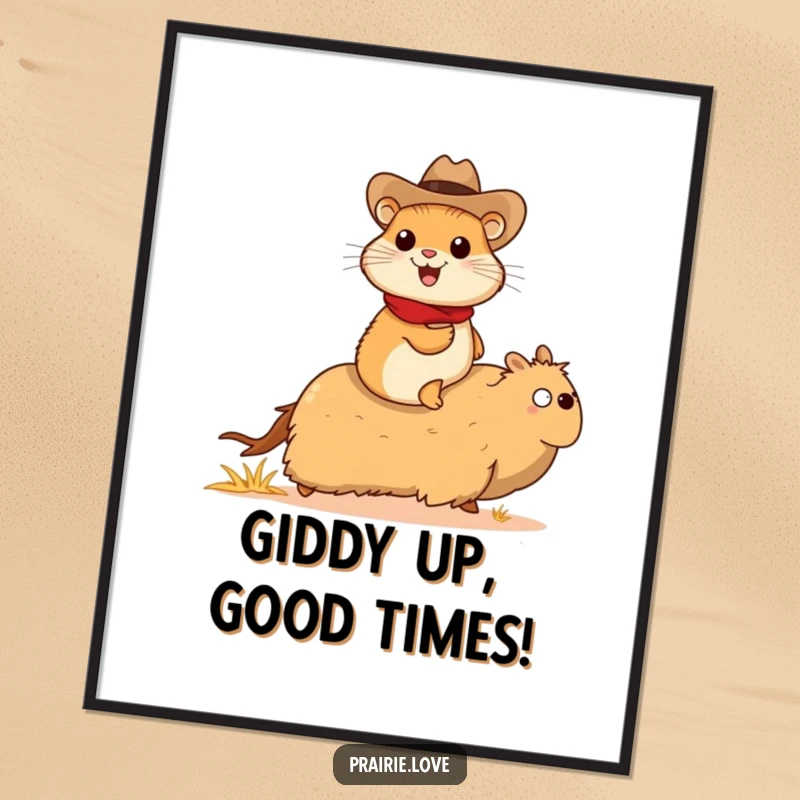 Funny Free Printable Wall Art: Cheerful prairie dog in cowboy hat rides a galloping tumbleweed, unique Western-themed decor.