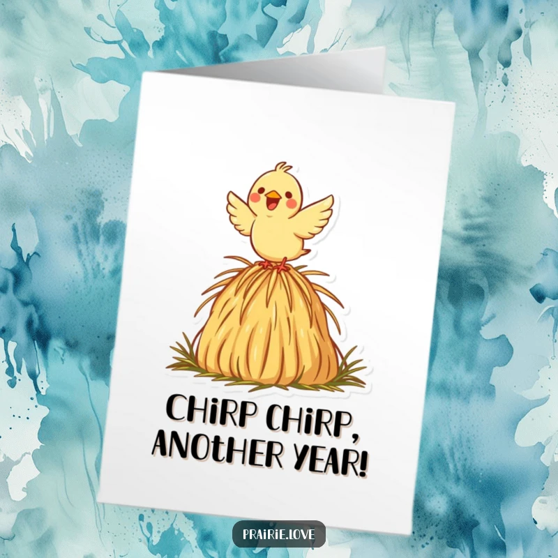 Funny Free Printable Birthday Card: A joyful bird with wings spread wide taking flight from a decorative haystack icon, celebrating.