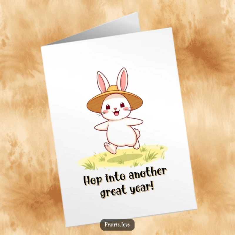 Funny Free Printable Bouncing Rabbit Birthday Card: Happy rabbit in straw hat bouncing, joyful DIY downloadable gift.