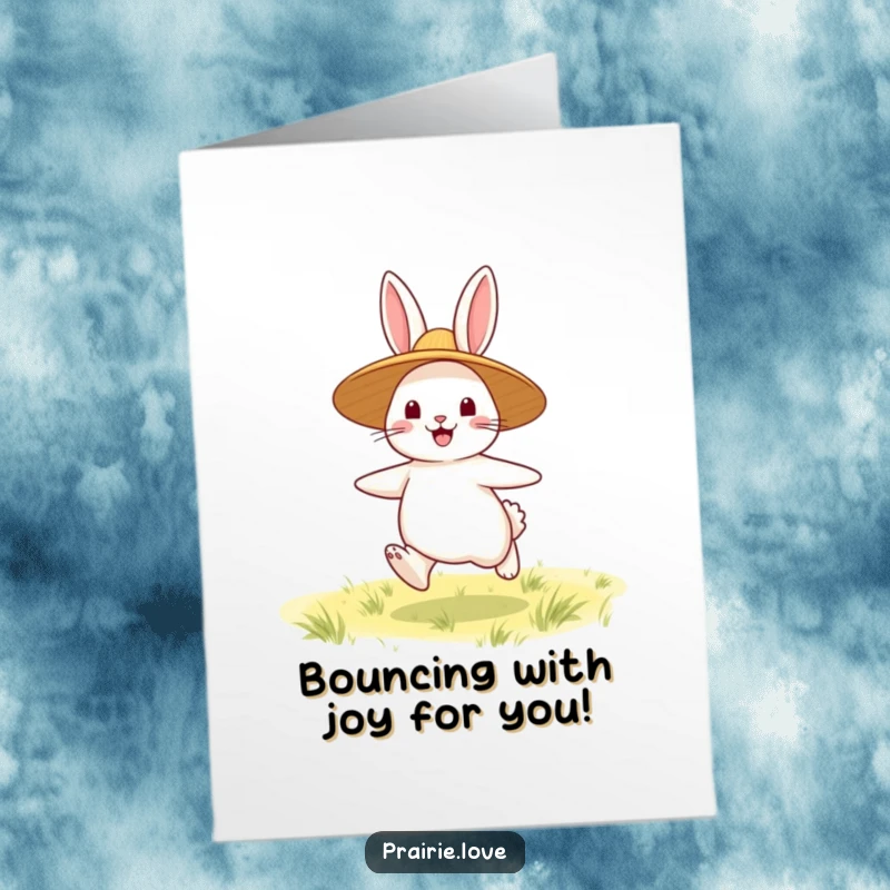 Funny Free Printable Bouncing Rabbit Congratulations Card: Happy rabbit in straw hat bouncing, celebrating success, DIY downloadable gift.