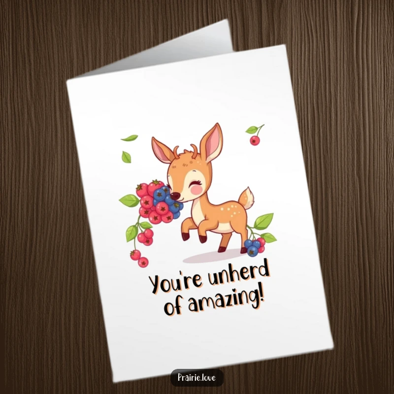 Free Printable Congratulations Card: A happy deer bounces energetically, celebrating a wonderful achievement by enjoying some delicious berries.