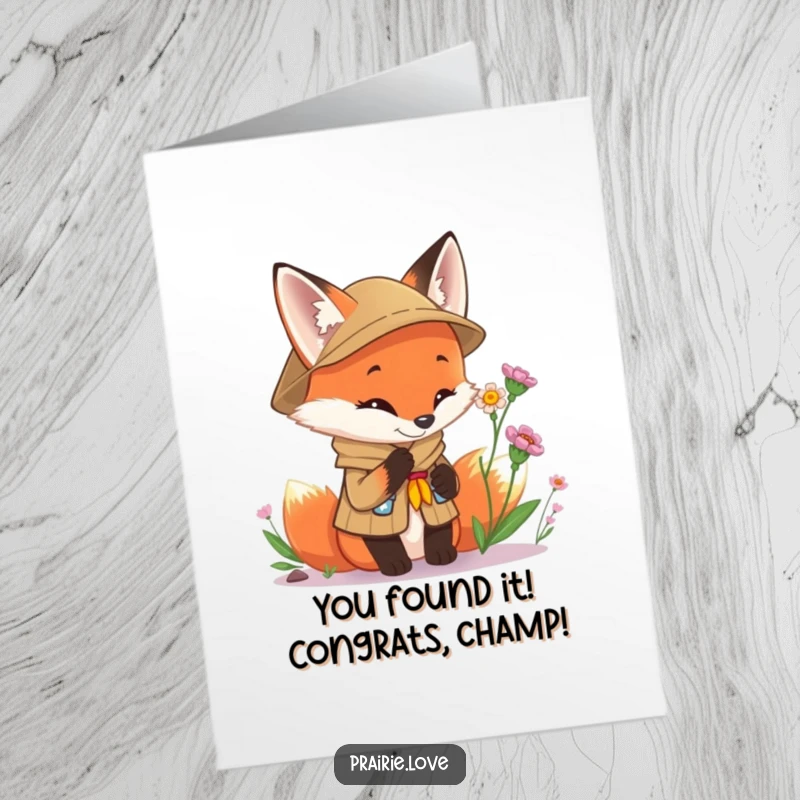 Funny Free Printable Scout Fox Congratulations Card: Curious fox in uniform, celebrating success, perfect DIY downloadable gift.