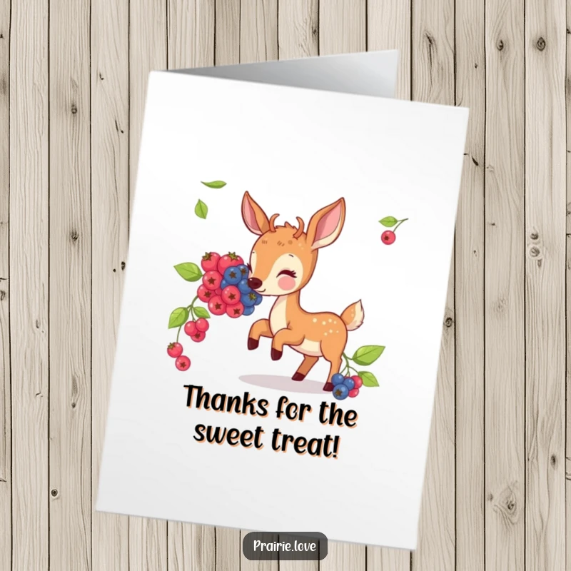 Free Printable Thank You Card: A happy deer bounces with joy, nibbling berries as a sweet gesture of sincere gratitude.