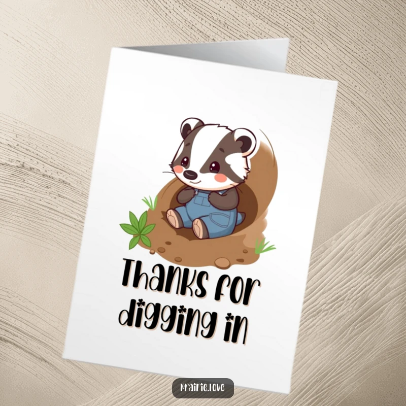 Funny Free Printable Thank You Card: Playful badger in overalls tunnels through soil, a fun thank you gesture.