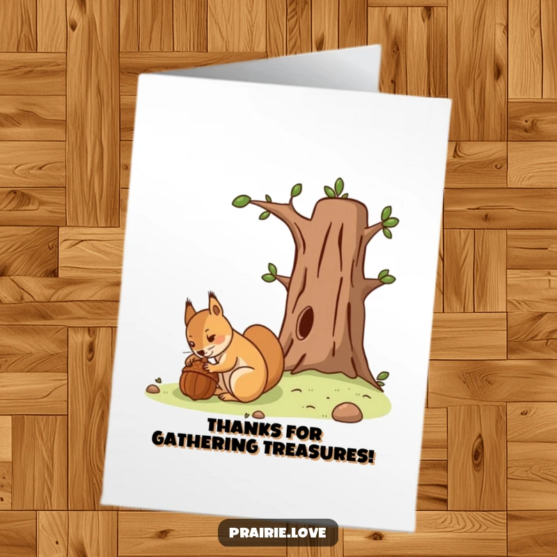 Free Printable Thank You Card: A determined squirrel buries an acorn near a tree, offering a small token of appreciation.