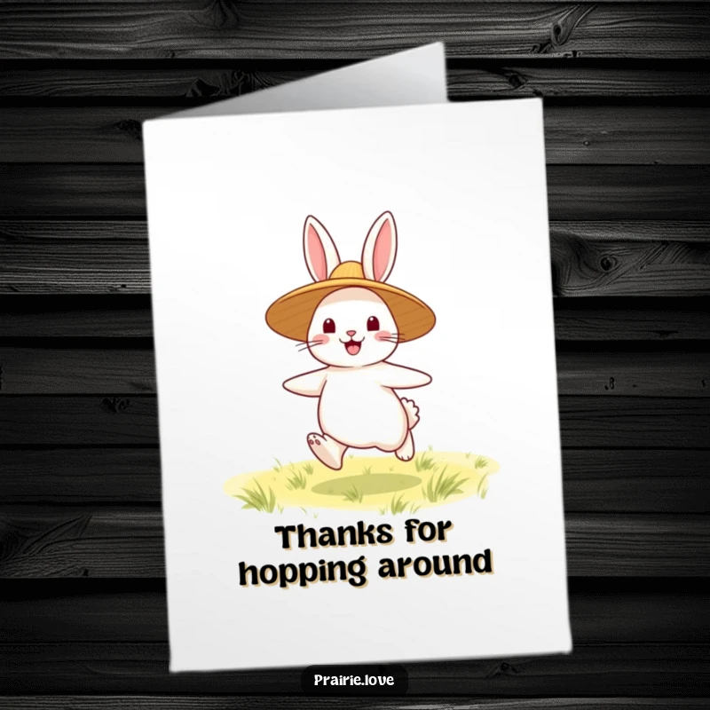 Funny Free Printable Bouncing Rabbit Thank You Card: Happy rabbit in straw hat bouncing, expressing thanks, DIY downloadable gift.