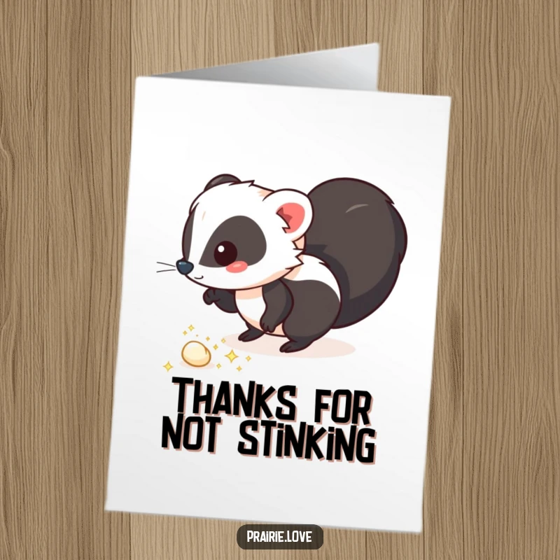 Funny Free Printable Thank You Card: A whimsical skunk leaving a faint trail of sparkling, aromatic puffs to express gratitude.