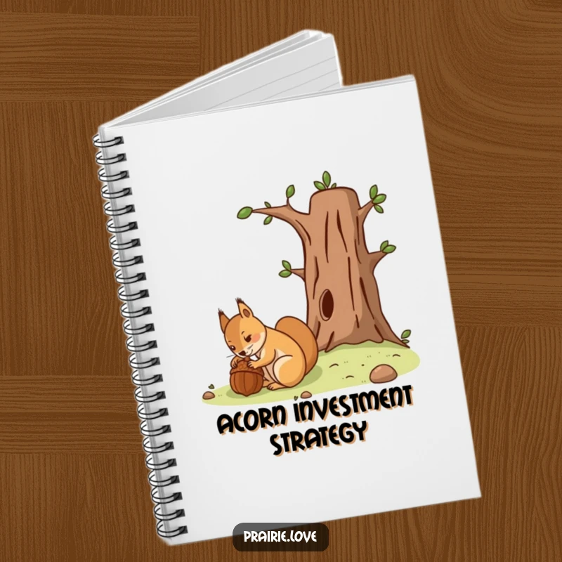 Funny notebook featuring a determined squirrel burying an acorn near a stylized tree, perfect for note-taking.