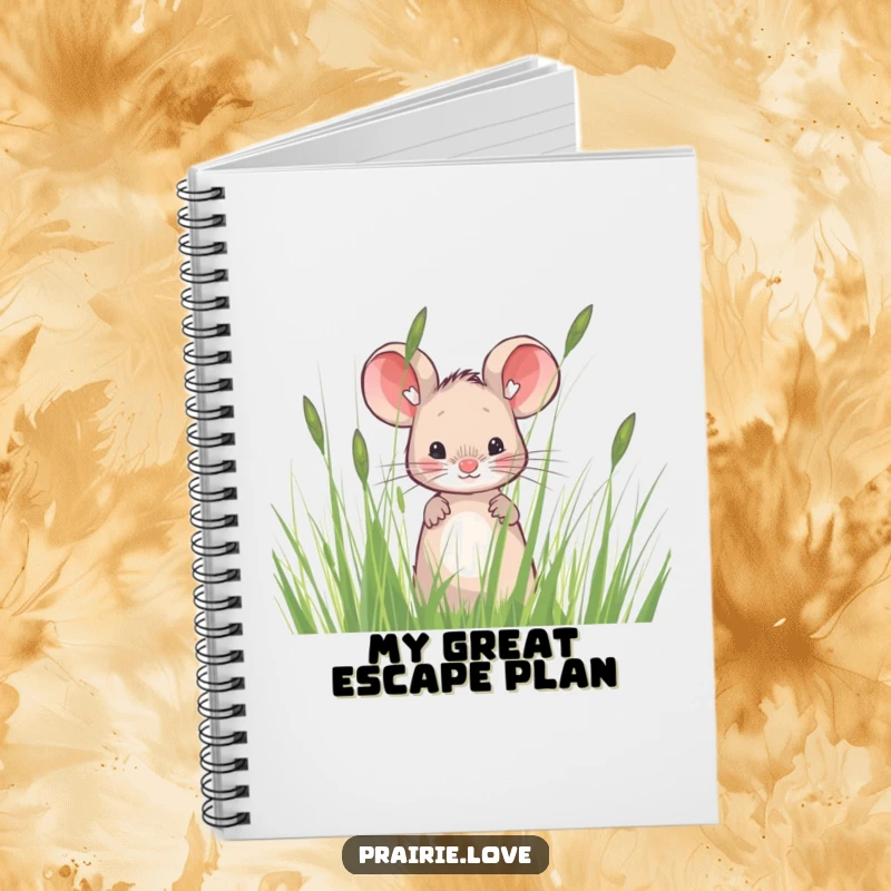 Funny notebook featuring a sweet mouse peeking from tall, wispy prairie grass, perfect for jotting down notes and ideas with humor.