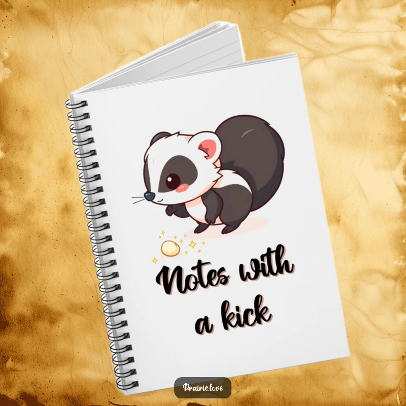 Funny notebook featuring a whimsical skunk leaving a trail of sparkling, aromatic puffs, perfect for note-taking and creative expression with humor.