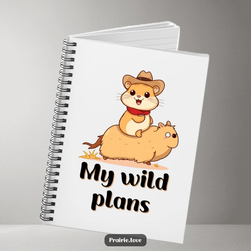 Funny prairie dog cowboy notebook, a cheerful prairie dog in a tiny cowboy hat riding a galloping tumbleweed, for journaling.