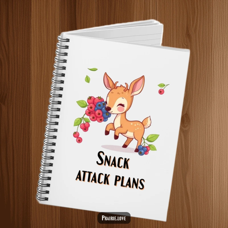 Funny notebook featuring a bouncing deer nibbling on illustrated berries, perfect for jotting down ideas.