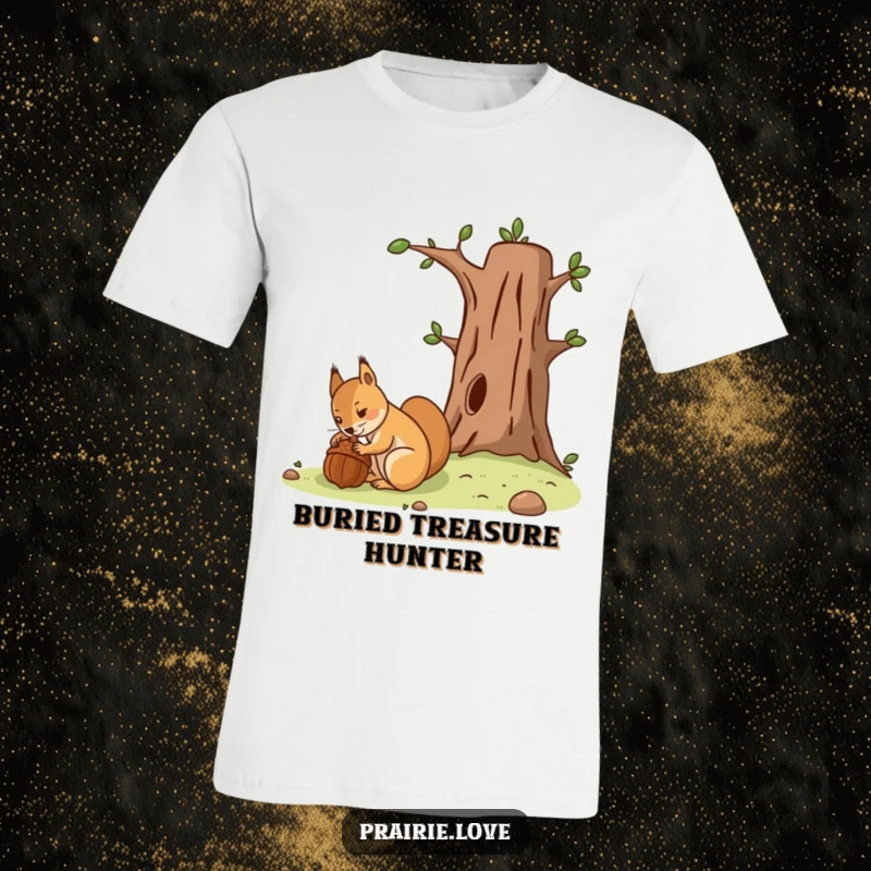 Funny t-shirt of a determined squirrel focused on burying an acorn near a stylized tree, representing foresight.