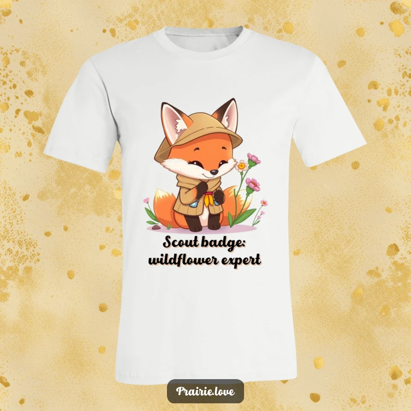 Funny Scout Fox T-Shirt: A curious fox in a scout uniform examining a wild flower, conveying a sense of wonder and playful exploration.