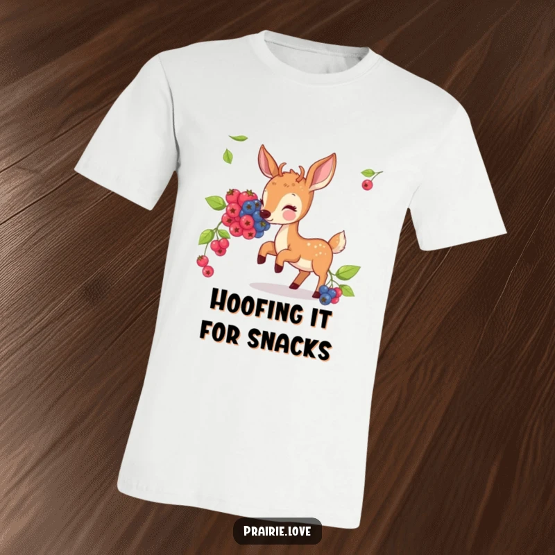 Funny t-shirt depicting a bouncing deer contentedly nibbling on a cluster of illustrated berries, full of nature's delight.