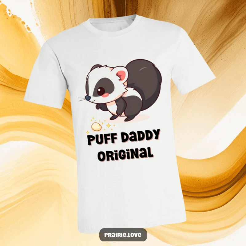 Funny t-shirt depicting a whimsical skunk leaving a trail of sparkling, aromatic puffs, celebrating a unique and humorous style.