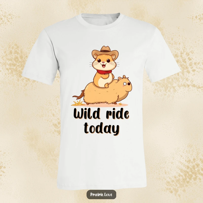 Funny prairie dog cowboy t-shirt, a cheerful prairie dog in a tiny cowboy hat riding a galloping tumbleweed, western apparel.