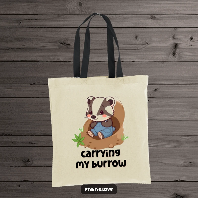 Funny badger gardener tote bag, a playful badger in overalls happily tunneling through the soil, durable and fun.