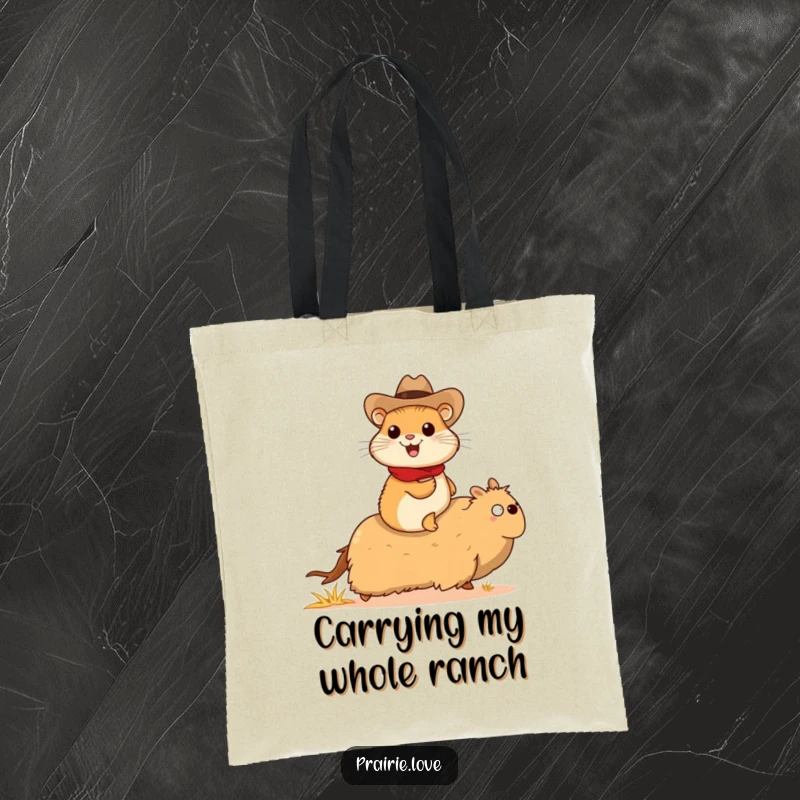 Funny prairie dog cowboy tote bag, a cheerful prairie dog in a tiny cowboy hat riding a galloping tumbleweed, durable and fun.