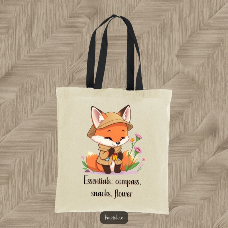 Funny Scout Fox Tote Bag: A curious fox in a scout uniform inspecting a wildflower, perfect for carrying books or groceries with a smile.