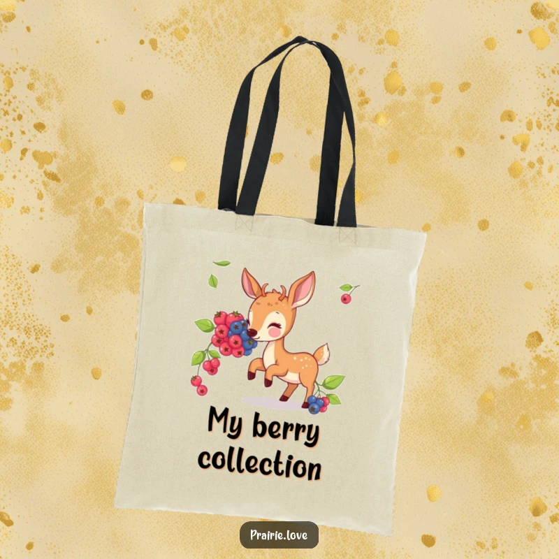 Funny tote bag featuring a bouncing deer nibbling on illustrated berries, perfect for market trips.